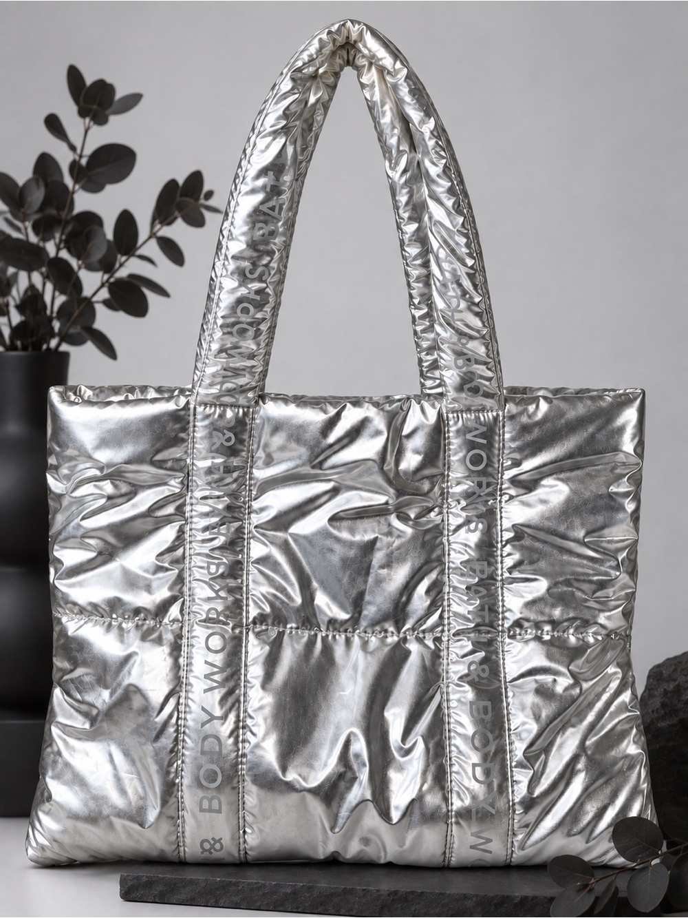 Bath & Body Works Silver Quilted Metallic Tote